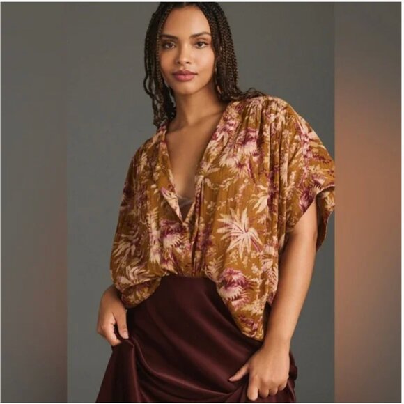 Anthropologie Pilcro Short Sleeve Batwing Buttoned Blouse Floral Flowy Size L/XL - Picture 4 of 10